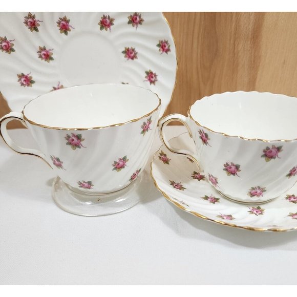 John Aynsley Hathaway Cup & Saucer bone china roses swirled edge England 2 sets - Picture 6 of 11